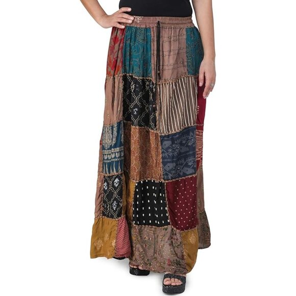 Boho Patchwork Maxi Skirt With Elastic Waistband & Flowy Design - Picture 1 of 9